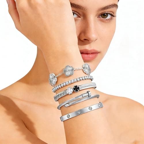 Camhanno Silver Bangle Bracelets for Women - Stainless Steel Stackable Bangles Non-Tarnish Clover Lucky Charm Bracelets, Trendy Gift for Girlfriend/Wife on Christmas Valentine’s Birthday thumbnail 6