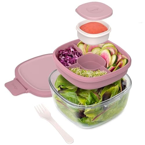 Bentgo Glass Salad Container - 7.6-Cup Salad Bowl with Airtight Lid, Leak-Proof Sauce Container, 4-Compartment Bento Tray & Reusable Fork - BPA-Free for Meal Prep, Office & More (Rose) - Image 1