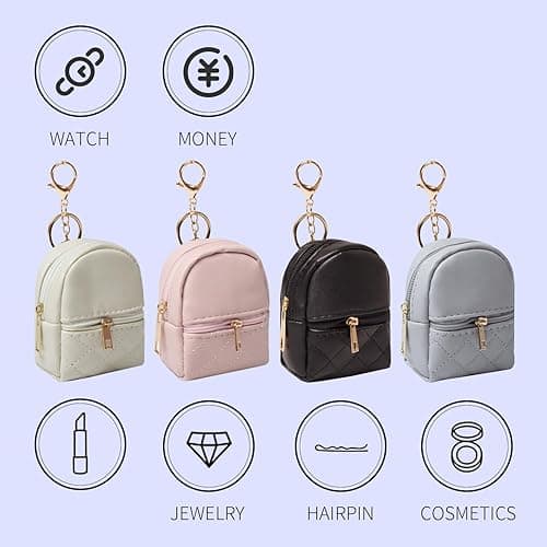 Mini Backpack Cute Cosmetic Bag for Women, Creative Cute Pendant Keychain Key-chains Keyrings PU Leather Makeup Bag Key Pocket Lipstick Bag Card Holder Data Cable Organizer Zipper Pouch (Beige) - Beige thumbnail 5