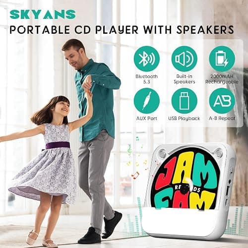 Portable CD Player with Bluetooth, Rechargeable CD Player for Home/Car, Built-in HiFi Speakers, Headphones, LCD Screen, Supports CD/AUX/USB and Repeat Modes, White thumbnail 2