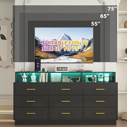 knoworld Black 9 Drawer Dressers for Bedroom, Modern Large Dresser with LED Light and Power Outlet, Wooden Long Dresser, Triple Dresser for Bedroom, Living Room, Entryway, Hallway thumbnail 5