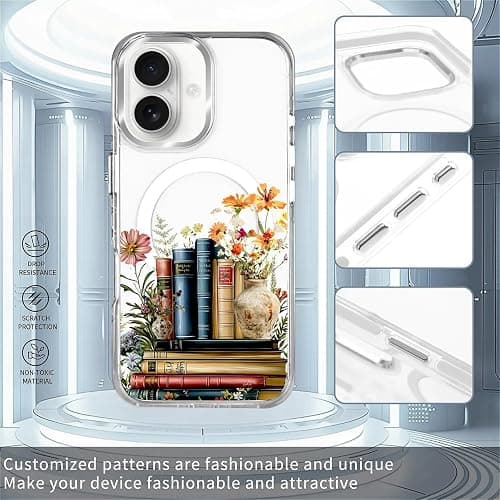MQJCYB Magnetic Case for iPhone 16 Design On Clear Base, Compatible with MagSafe, Slim Protective Soft TPU Bumper Phone Cover Women Girls Case for iPhone 16 -Clear Book Lover Flower thumbnail 6