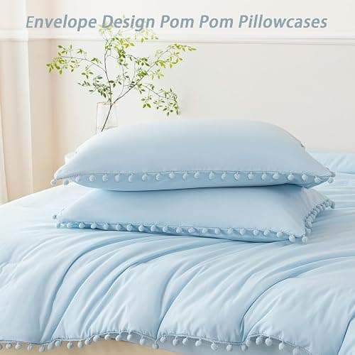 PERFEMET 5 Pieces Twin Bedding Sets Light Blue Pom Pom Comforter for Girls | Soft Fluffy Solid Bed Sets for Bedroom All Season Boho Bed in A Bag for Kids Women with Comforter, Sheets & 2 Pillowcases thumbnail 7