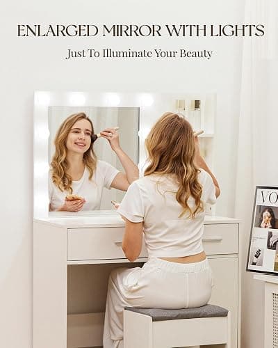 LIVELYGLOW Lighted Makeup Vanity Desk, 35.4“W x 15.7'”D x 54“H, White (with Lights and Mirror, Dimming Function, 2 Drawers and 1 Cabiniet, Open Shelves) by Boahaus thumbnail 5