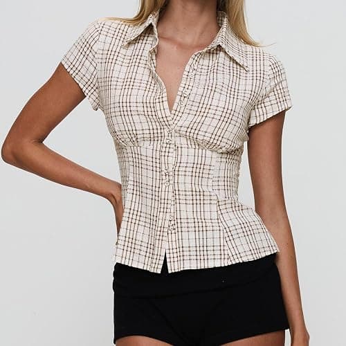 Women Fashion Plaid Button Up Shirt Short-Sleeve Lapel Collar Blouse Shirts Y2K Summer Casual Going Out Tops thumbnail 2