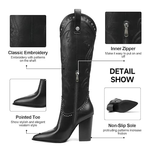 VOMIRA Knee High Cowboy Boots for Women Pointed Toe Chunky High Heels Pull-on Embroidered Boots Western Boots Wide Calf Cowgirl Boots thumbnail 4