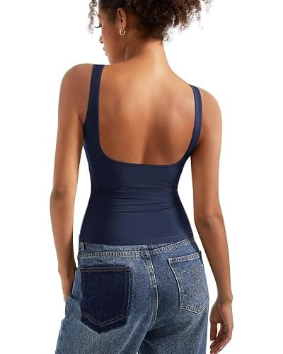 SUUKSESS Women Padded Open Back Boat Neck Tank Top Double Lined Basic Shirt | Backless Sleeveless Built in Bra Tops Slim Fitted Summer Going Out Top - Image 1