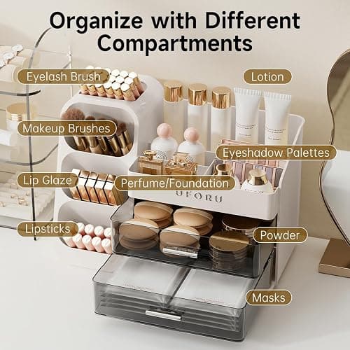 UFORU Makeup Organizer for Vanity with Brush Holder, Countertop Skincare Organizer with 2 Drawers, Spacious Cosmetic Display Case for Perfumes, Eyeshadow Palettes, Nail Polishes thumbnail 6