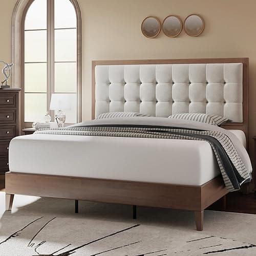 Jocisland Wood Platform Bed Frame Full Size Upholstered Tufted Headboard/Solid Wood Be No Box Spring Needed,Walnut - Walnut - Full