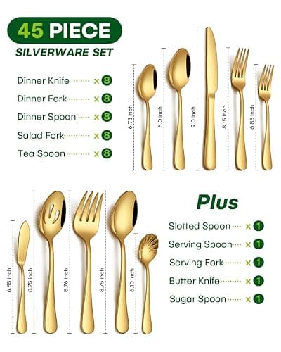 PHILIPALA 45 Piece Gold Silverware Set with Serving Utensils, Stainless Steel Flatware Set for 8 Food Grade Cutlery Utensil Set Include Knife Fork Spoon Mirror Polished Dishwasher Safe thumbnail 3