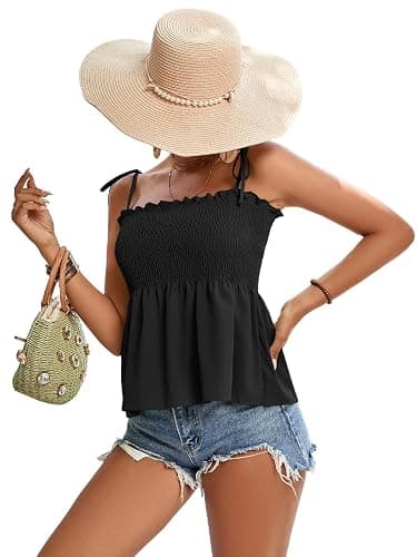LYANER Women's Cute Summer Tops Tie Shoulder Shirred Ruffle Hem Sleeveless Sexy Cami Blouse Peplum Top thumbnail 4