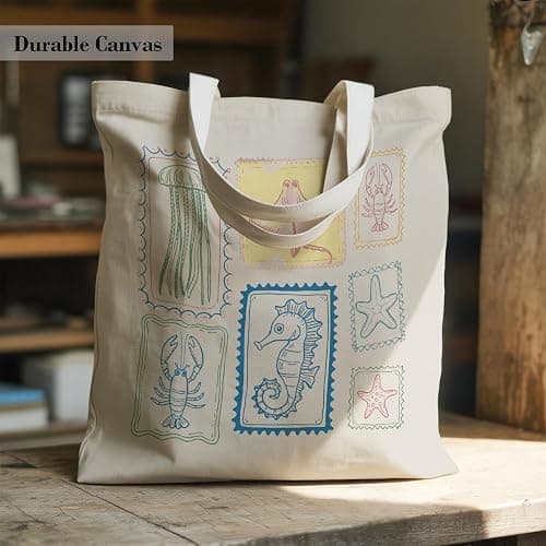 TOTEUSVIA Aesthetic Canvas Tote Bag, Cute Reusable Bags for Women with Inner Pocket thumbnail 3