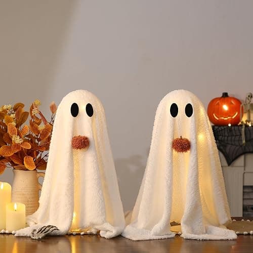 Halloween Decorations-2 Pack Light-Up Sherpa Ghosts with Pumpkin Halloween Decor Indoor Cute Ghost Decorative Signs Tabletop Decor for Party Home Kitchen and Fireplace thumbnail 7