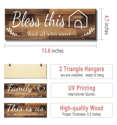 4 Pieces Home Wall Signs, THIS IS US/TOGETHER/BLESS THIS HOME/FAMILY Wall Decor For Living Room Bedroom, Rustic Wooden Farmhouse Wall Art , 4.7 x 13.8 Inch(Brown) thumbnail 3