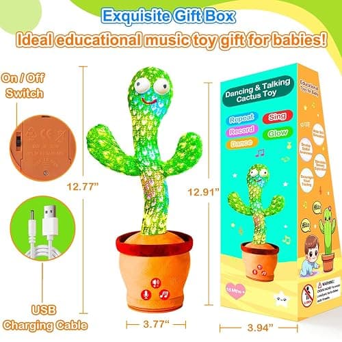 Rechargeable Dancing Talking Cactus Toy for Baby, Volume Adjustable, Singing, Mimicking, Repeating, Kids Baby Toys for Girls Boys, Birthday or Chirstmas Gifts for Grandkids, Stocking Stuffers for Kids thumbnail 2