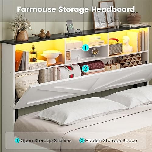 AOGLLATI Farmhouse Queen Bed Frame with 4 Storage Drawers and Led Lights, Wooden Bed Frame Queen Size with Hidden Space Bookcase Headboard and Led Lights & Metal Slats, White thumbnail 5