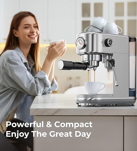 Espresso Machine with Milk Frother, 20 Bar High Pressure Professional Espresso Maker Automatic, Compact Stainless Steel Coffee Machine for Cappuccino, Latte, Gift for Coffee Lover, Dad or Mom, Silver thumbnail 9