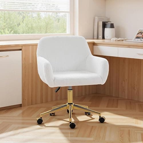 HOMCOM Swivel Office Chair, Faux Rabbit Fur Upholstered Vanity Desk Chair with Adjustable Height, Armrests and Wheels for Office, Makeup, Dressing Table, Cream White thumbnail 9