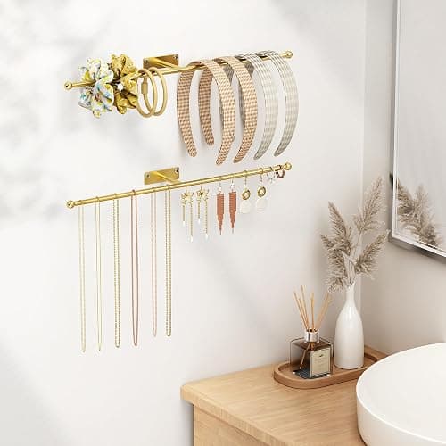 Josmimic Wall Hanging Jewelry Organizer: 12.6'' Necklace Holder for Earring, Bracelet, Rings, Hairband, Glasses, Gold 2-Pack, Screws Included thumbnail 2