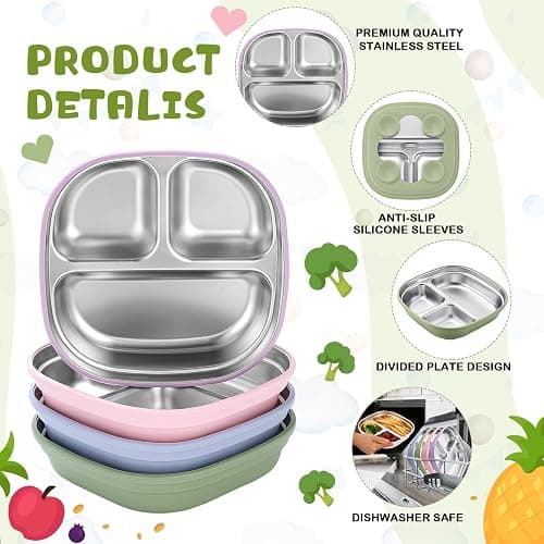 Geiserailie Square Stainless Steel Toddler Plates with Suction – 7.68” Divided Plates with Removable BPA-Free Silicone Sleeves, Unbreakable Baby Feeding Dishes Set of 4 (Pink,Green,Purple,Blue) thumbnail 4