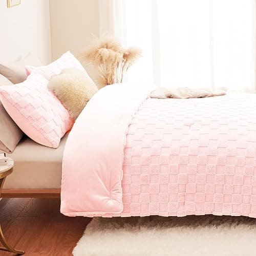 CozyLux Fleece Queen Comforter Set Blush Pink,Super Soft & Warm Fluffy Bedding with Checkered Pattern,Luxury Fuzzy Heavy Bed Set for Winter,3 Pieces,1 Comforter and 2 Pillowcases thumbnail 9