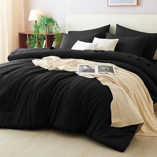 CozyLux Full Comforter Set Black, 7 Pieces Bed in a Bag Soft Bedding Comforter Set with Sheets, All Season Boho 7PC Bed Sets with Comforter, Fitted Sheets, Flat Sheets, Pillow Shams and Pillowcases - Image 1