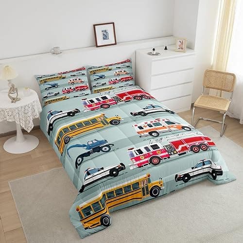 Erosebridal Fire Truck Comforter Set,Police Car Down Comforter Twin Size,School Bus Bedding Set for Kids Boys Teens Youth,Equipped Truck Cartoon Vehicle Quilt Duvet Insert Bedroom Dorm Decor 2 Pcs thumbnail 3