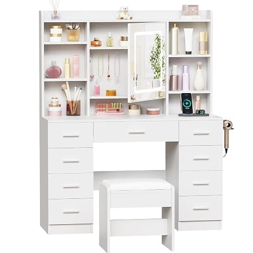 BEWISHOME Vanity Desk with Mirror and Lights, Makeup Vanity Table with Power Outlet,Stool Vanity Table with 9 Drawers 6 Storage Shelves Jewelry Storage,Dressing Table for Bedroom Girls White FST36W thumbnail 6