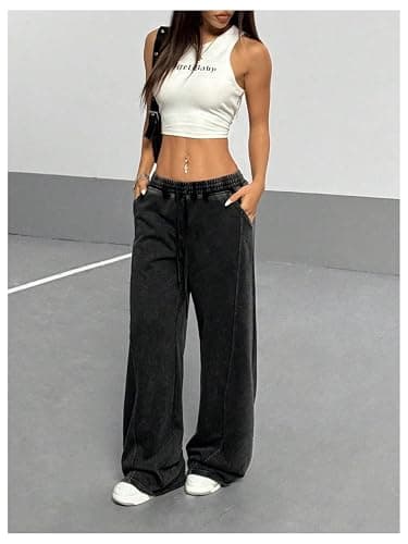 OYOANGLE Women's Wide Leg Y2K Vintage Sweatpants Loose Straight Hip Hop Streetwear Pants with Pockets thumbnail 5