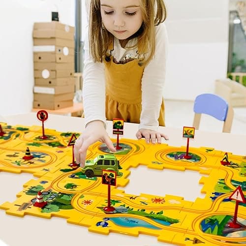 4 Year Old Boy Birthday Gift, Puzzle Racer Kids Car Track Set Puzzle Racer Car Track Set with Roadmap Puzzle Track Car Play Set Toys for 4 Year Old Boys (A-Dinosaur, Set1-25pcs) - Set1-25 PCS - A-dinosaur thumbnail 7