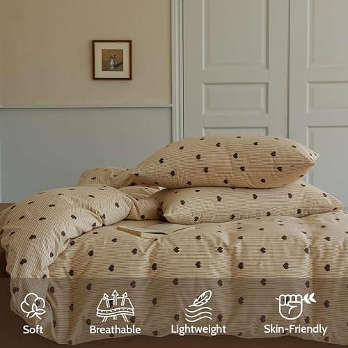 Bildenly Heart Duvet Cover Queen Size Brown Hearts Vertical Ticking Striped Bedding Set Vintage Striped Love Heart Soft Breathable Microfiber Comforter Cover Set with Zipper Closure and 2 Pillowcases thumbnail 5