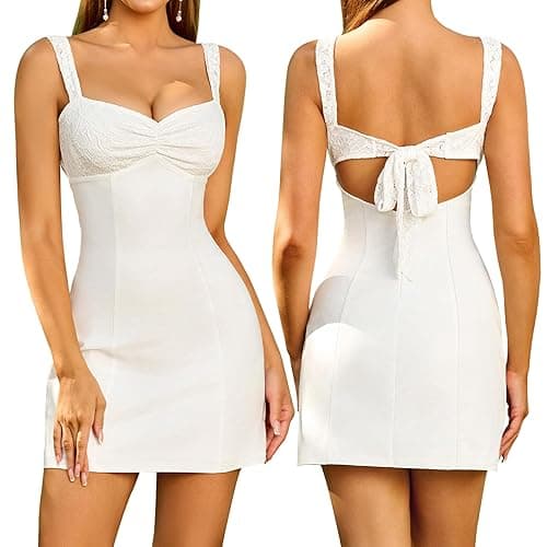 EYNMIN Women's Summer Lace Strap Mini Dress Sweetheart Neckline Bow Tie Backless A Line Short Graduation Dresses 2025 - White - X-Small