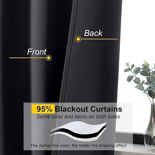 WelvetBLK Black Blackout Curtains for Bedroom Living Room 63 Inch Length 2 Panels Set, Soft Solid Room Darkening Thermal Insulated Window Treatments, Rod Pocket Dining Room Curtains, Black, 40"Wx63"L thumbnail 3