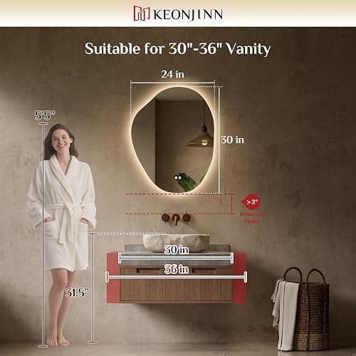 Keonjinn Irregular Backlit Mirror 24 x 30 Inch, Asymmetrical LED Bathroom Mirror with HD Tempered Glass, UL-Listed LED Driver, Stepless Dimmable with 3 Colors, Safe Defogging(Horizontal/Vertical) - 30"L x 24"W thumbnail 2