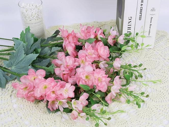 ICBOX 8PCS Pink Artificial Delphinium Flowers with Clematis Greenery Long Stem Artificial Flowers for Tall Vase for Home Wedding Floral Arrangement Centerpiece Table Decor (Pink) thumbnail 2
