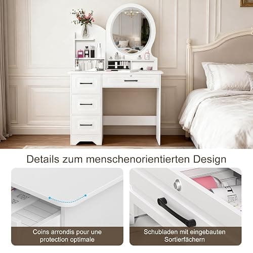 Générique Coiffeuse avec Miroir LED, Coiffeuse avec Étagères de Rangement et 4 Tiroirs, Coiffeuses Petite (Blanc) thumbnail 7