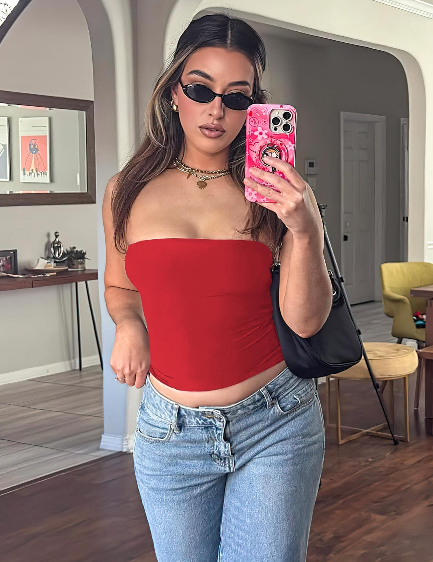 YEOREO Sophie Women Sexy Long Tube Tops Double Lined Basic Y2K Summer Cute Strapless Fitted Bandeau Going Out Crop Top Red M thumbnail 2