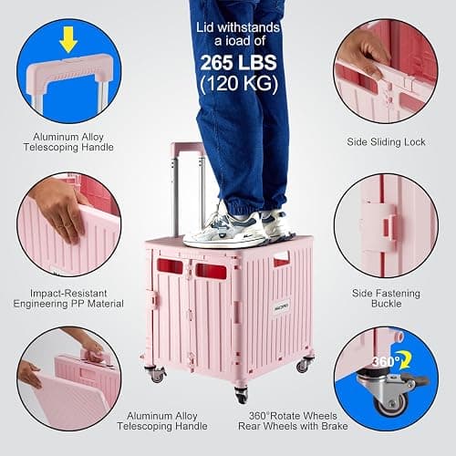 MACOPRO Folding Utility Cart Portable Rolling Crate Handcart Shopping Trolley Collapsible Tool Box, with Lid, Basket on 4 Rotate Wheels, for Grocery, Shopping, Office, Teacher (Pink) thumbnail 5