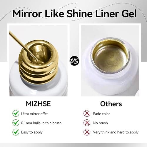 MIZHSE 2PCS Gold and Silver Metallic Gel Liner Nail Art 3D Mirror Gel Paint, Metal Chrome Glossy Painting Drawing Line Swirl, French Nail Design Dotting Soak off Manicure Set Nail Art for Home Salon thumbnail 7