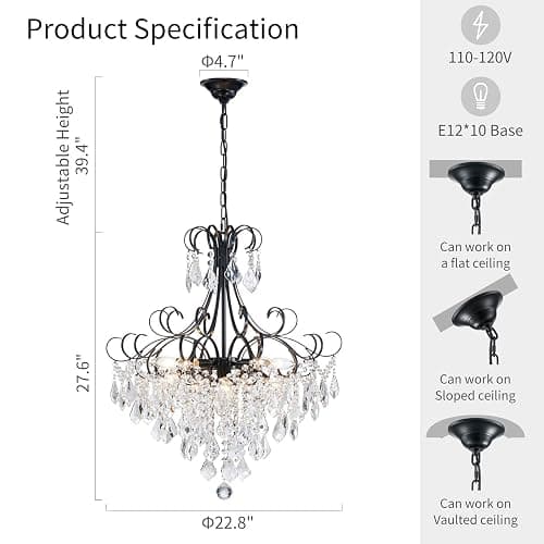 WUZUPS Crystal Chandelier 10-Light Pendant Ceiling Light Modern Lighting Fixture for Dining Room Hallway Bedroom Kitchen Bathroom, H 27.6" x W 22.8", E12 Base, Black thumbnail 2