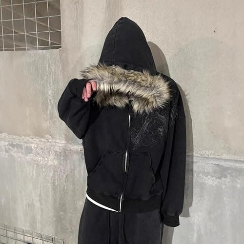 RICHTRUE Therian Fur Hood Jacket Y2k Goth Zip Up Hoodie Oversized Graphic Sweatshirt Emo Grunge Streetwear Fall Winter 2025 thumbnail 3