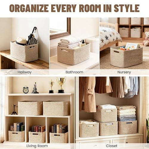 5 Pack Woven Storage Baskets for Shelves, Decorative Basket Organizer Storage Bins for Toys, Books, Clothes, Closet, Nursery, Bathroom – Cotton Rope Shelf Baskets for Organizing and Decor, Khaki thumbnail 5