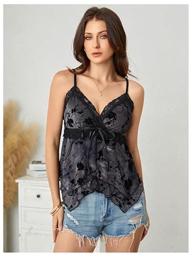 Verdusa Women's Y2K Tops Babydoll Tops Summer Tank Tops Going Out Tops Floral Lace Mesh Tops Whimsical Clothes thumbnail 2