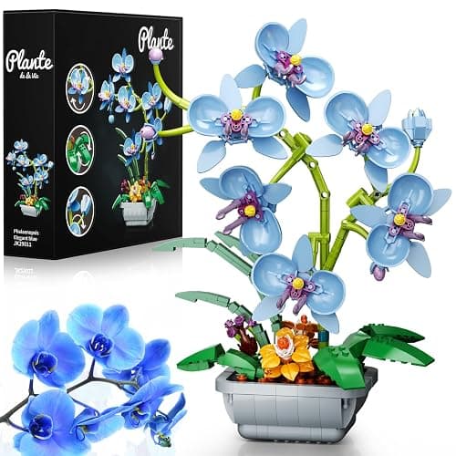itshWOee Blue Orchid Flowers Bouquet Building Set, Botanical Collection Artificial Plant for Home Décor, Ideal Gifts for Mother's Day, Anniversary, Birthday - Image 1