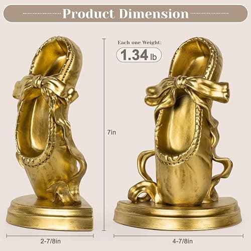 MXARLTR Bookends for Shelves, Ballet Slipper Decorative Bookends - Book Ends with Anti-Slip Pad for Book Lovers Dancers Heavy Book Holder for Home Office Decor (Gold) thumbnail 3