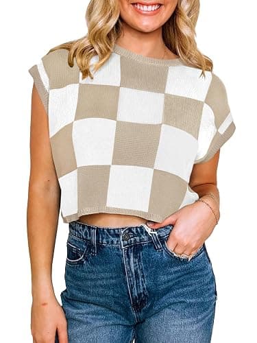 Saodimallsu Womens Cap Sleeve Crop Tops Summer Color Block Going Out Crew Neck Knit Trendy Casual Sweater thumbnail 2