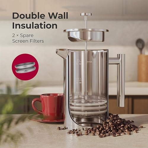MuellerLiving French Press Coffee Maker 34oz, Stainless Steel French Press Coffee, 4 Filter Heat Resistant Double Insulated, Rust-Free, Food Grade, Dishwasher Safe Coffee Pot thumbnail 5