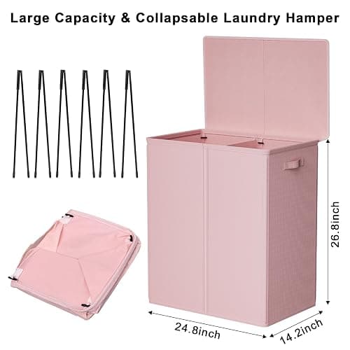 WOWLIVE 154L Double Laundry Hamper with Lid and Removable Laundry Bags, Large Dirty Clothes Hamper 2 section Collapsible Laundry Basket Dorm Room Storage for Bedroom, Bathroom, College,Pink thumbnail 3