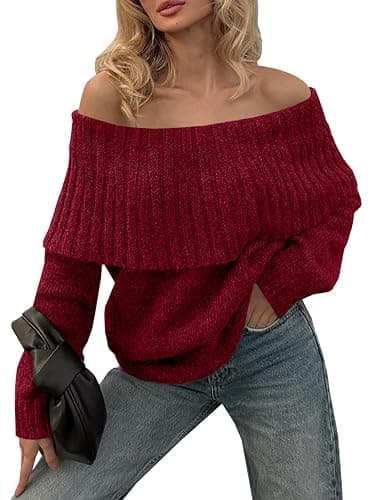 Saodimallsu Womens Off The Shoulder Sweaters Oversized Long Sleeve Loose Ribbed Knit Fall Trendy Pullover Tops thumbnail 2