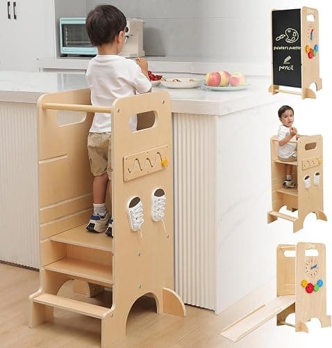 Tour d'apprentissage Montessori 4 en 1 Olvy Kids - Échelle en Bois - Tabouret escabeau à 4 marches - Tour de Cuisine pour Enfants - Tour d'apprentissage Debout pour Enfants à partir de 1 an - Image 1
